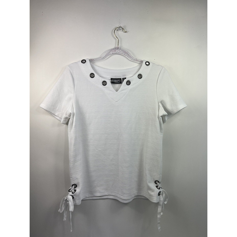 Onque Casuals Women's Size PS White Short Sleeve Knit Top With Ties